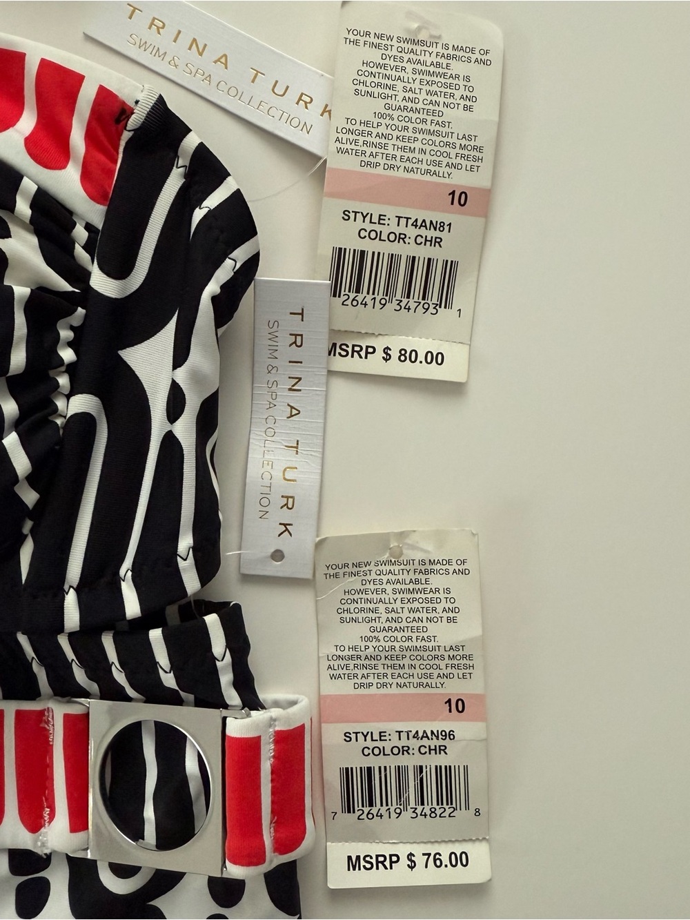 Trina Turk Mod Maze Black White Red Geometric Bikini Bandeau Belted Retro 10 NWT - Picture 9 of 10